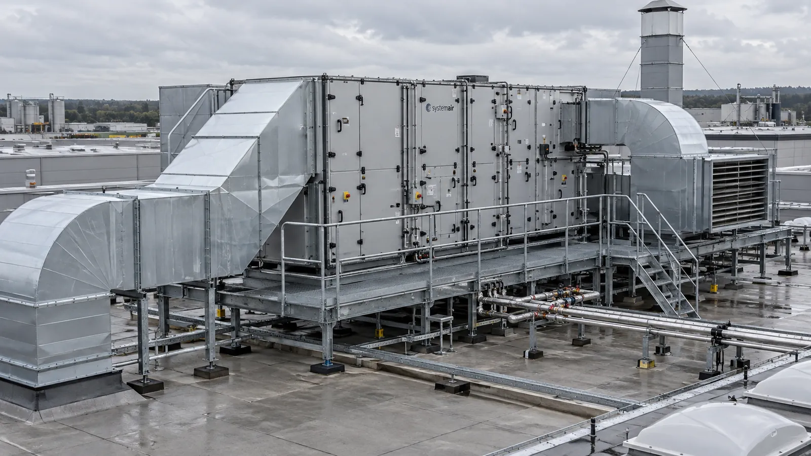 Wärmerückgewinnungsanlage mit Lüftungskanälen auf einem Industriedach.